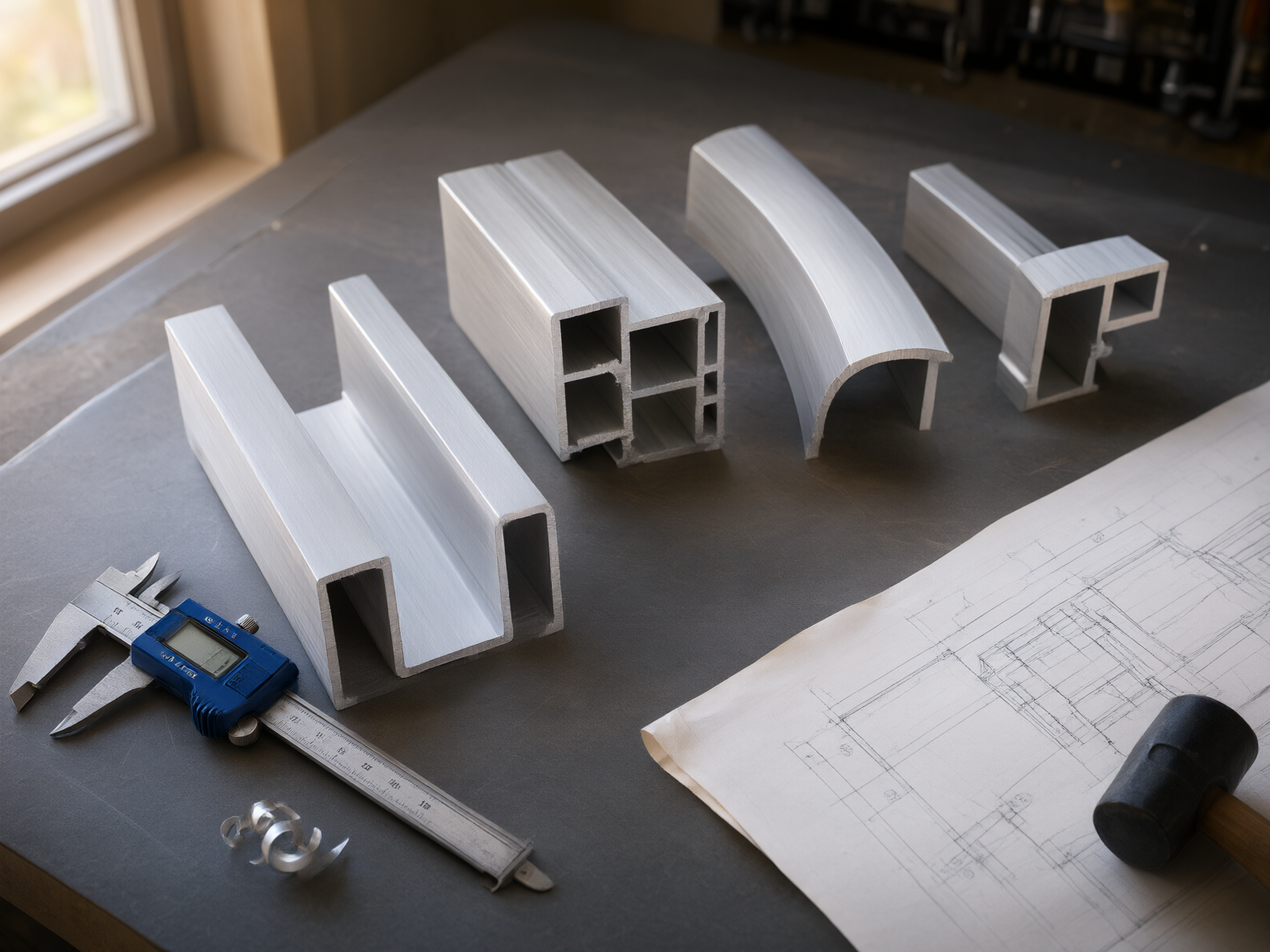 Various aluminum profile cross-section samples arranged on a workbench alongside calipers and engineering drawings