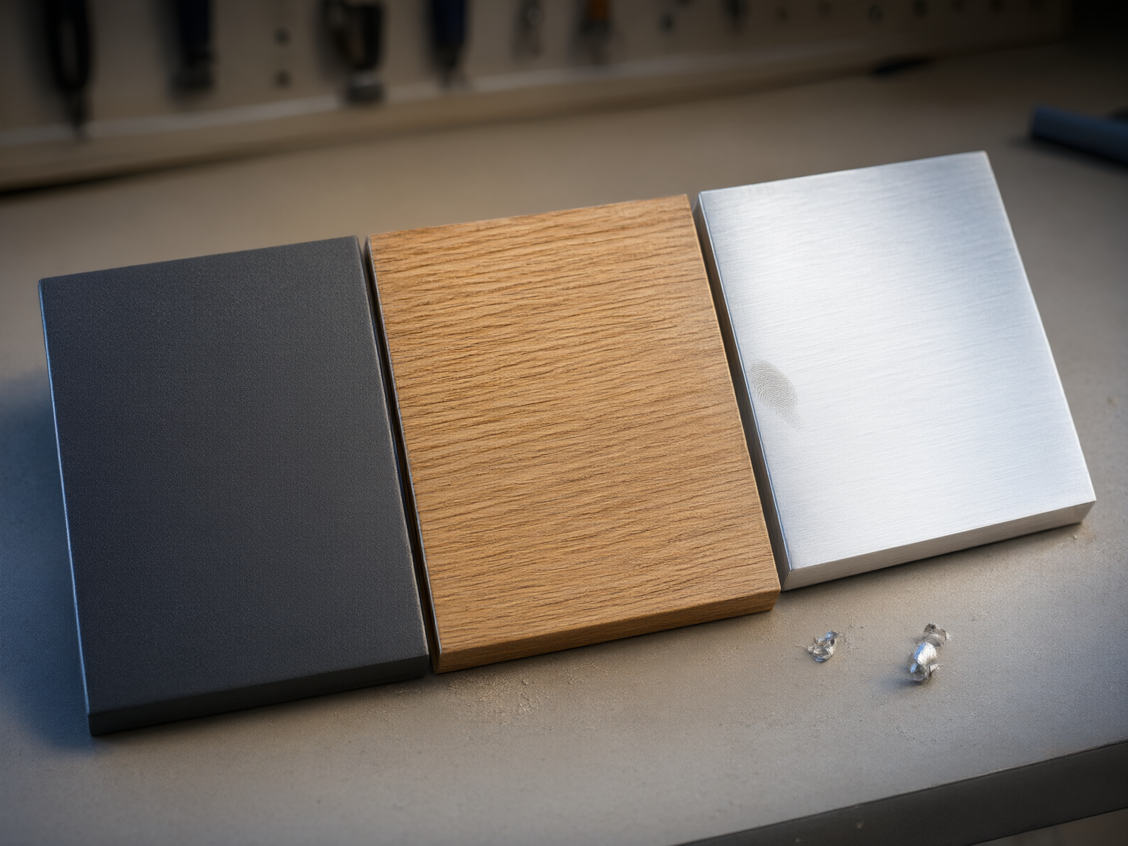 Close-up comparison of three aluminum surface treatments: powder coating, wood grain transfer, and anodized finish