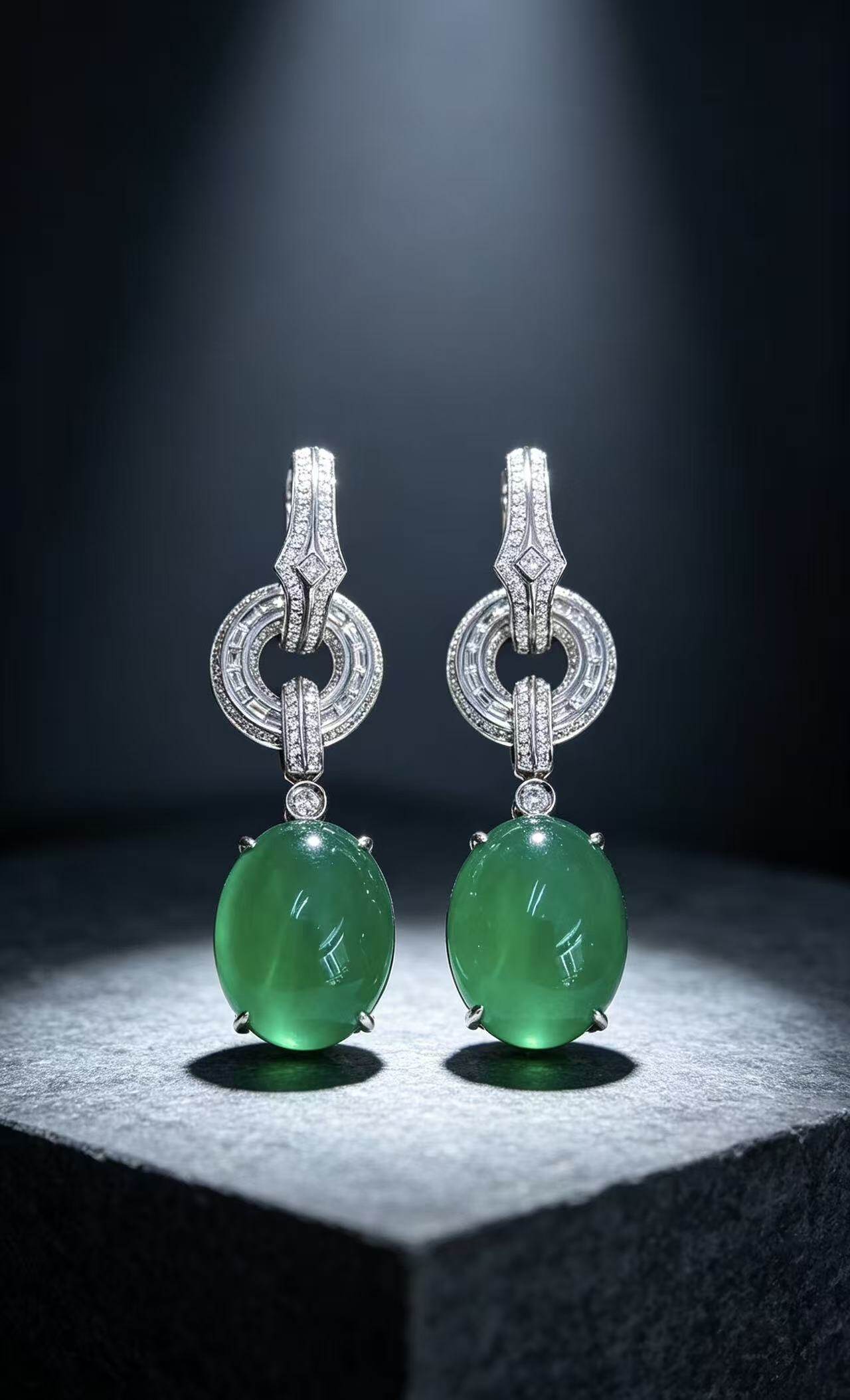 Jade Lock · Flowing Light · 18K Gold Diamond-Set Collectible Jadeite Earrings