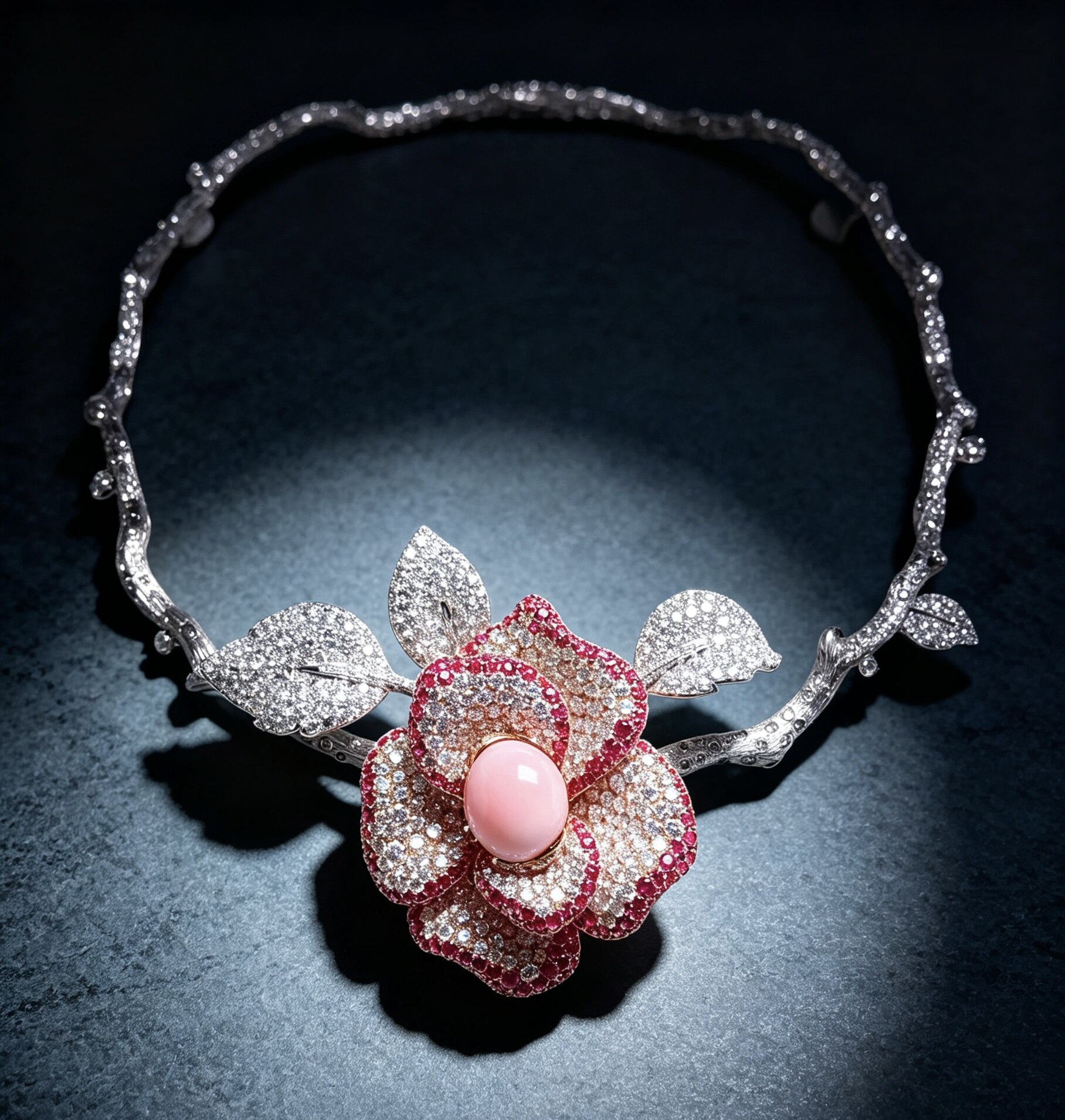 Flame Heart · Conch Pearl, Diamond & Ruby Necklace