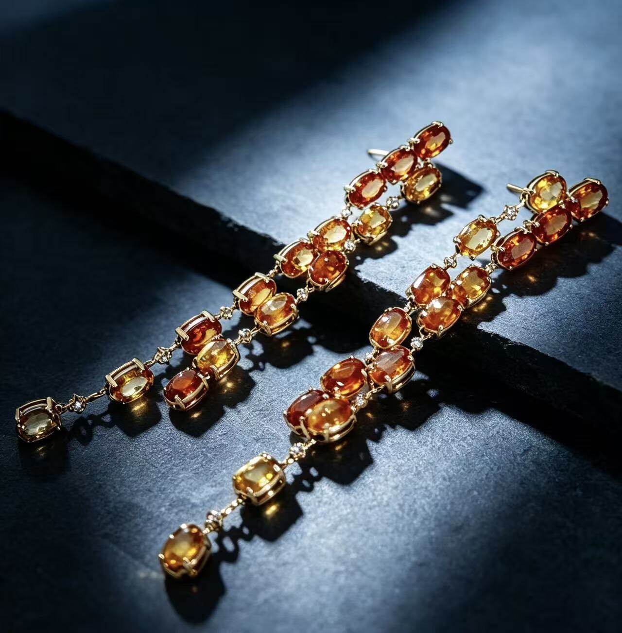 Sunset Cascade · Gradient Orange Sapphire Earrings-18K, diamond, gradient orange sapphire earrings.