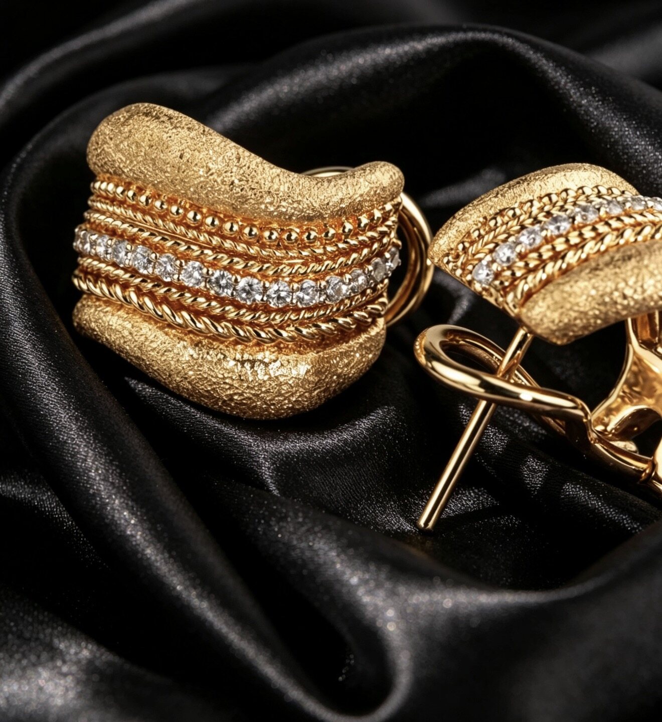 The Weaver's Light-gold, diamonds, antique gold weaving handcraft earrings