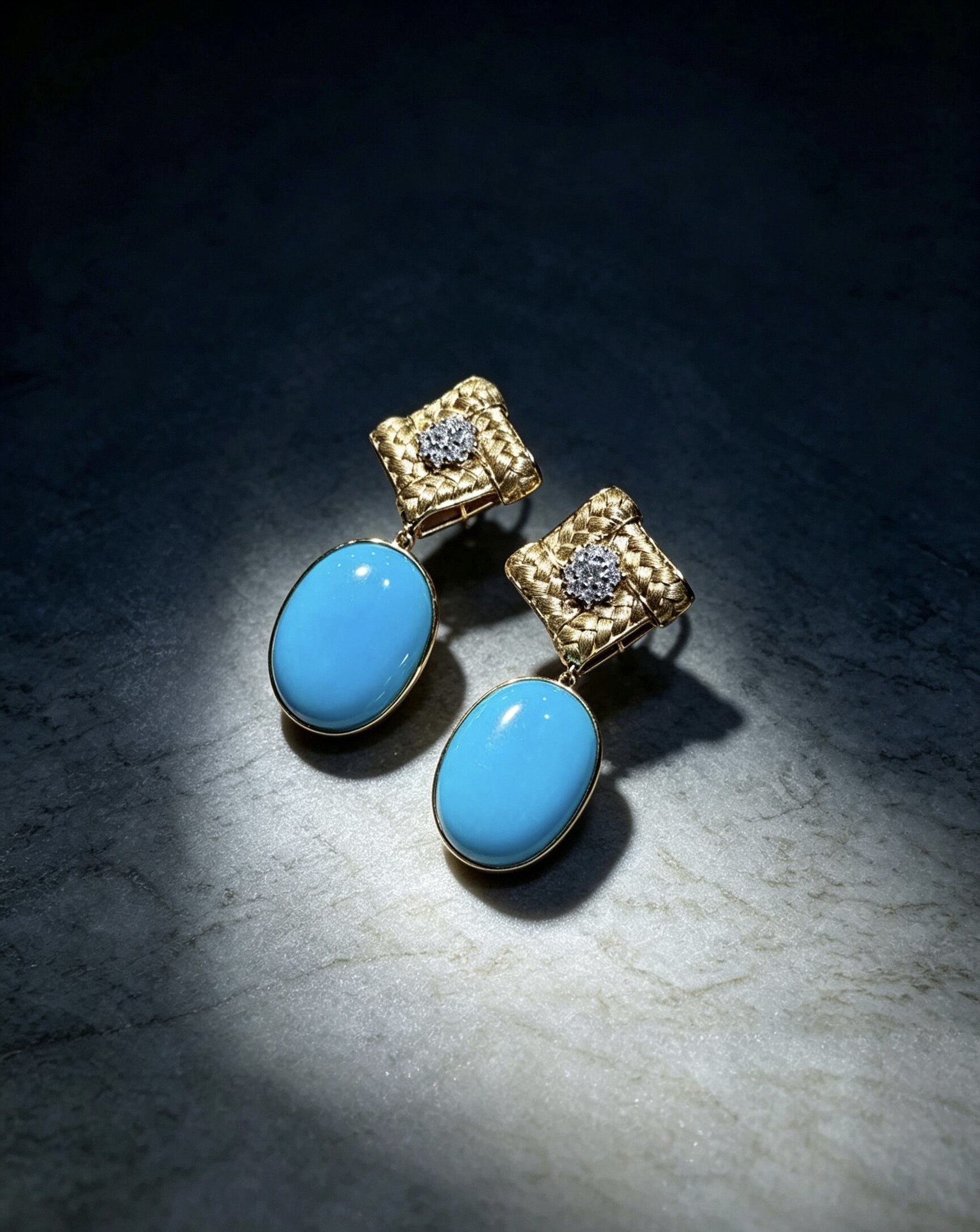 Azure Dreamweave · Woven Gold · 18K Gold Sleeping Beauty Turquoise & Diamond Earrings