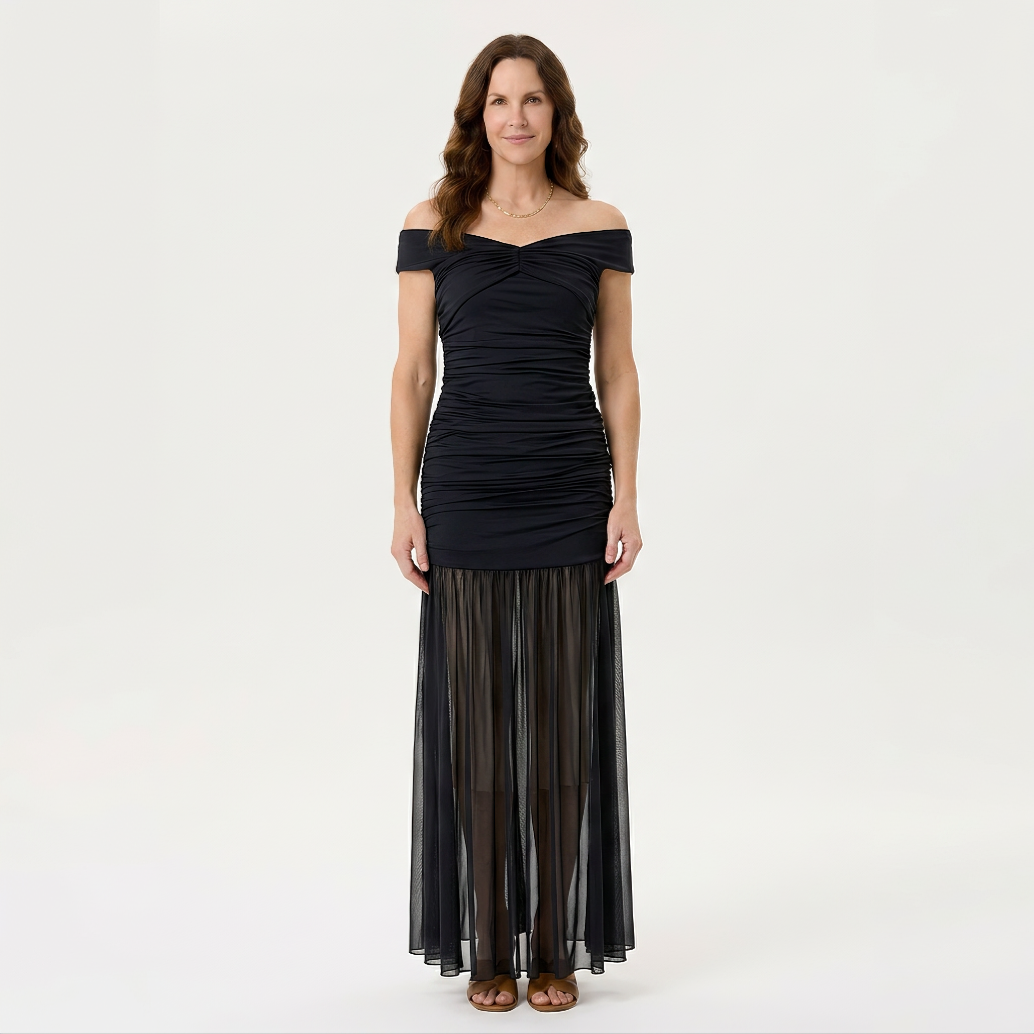 Black Off-Shoulder Pleated Gown