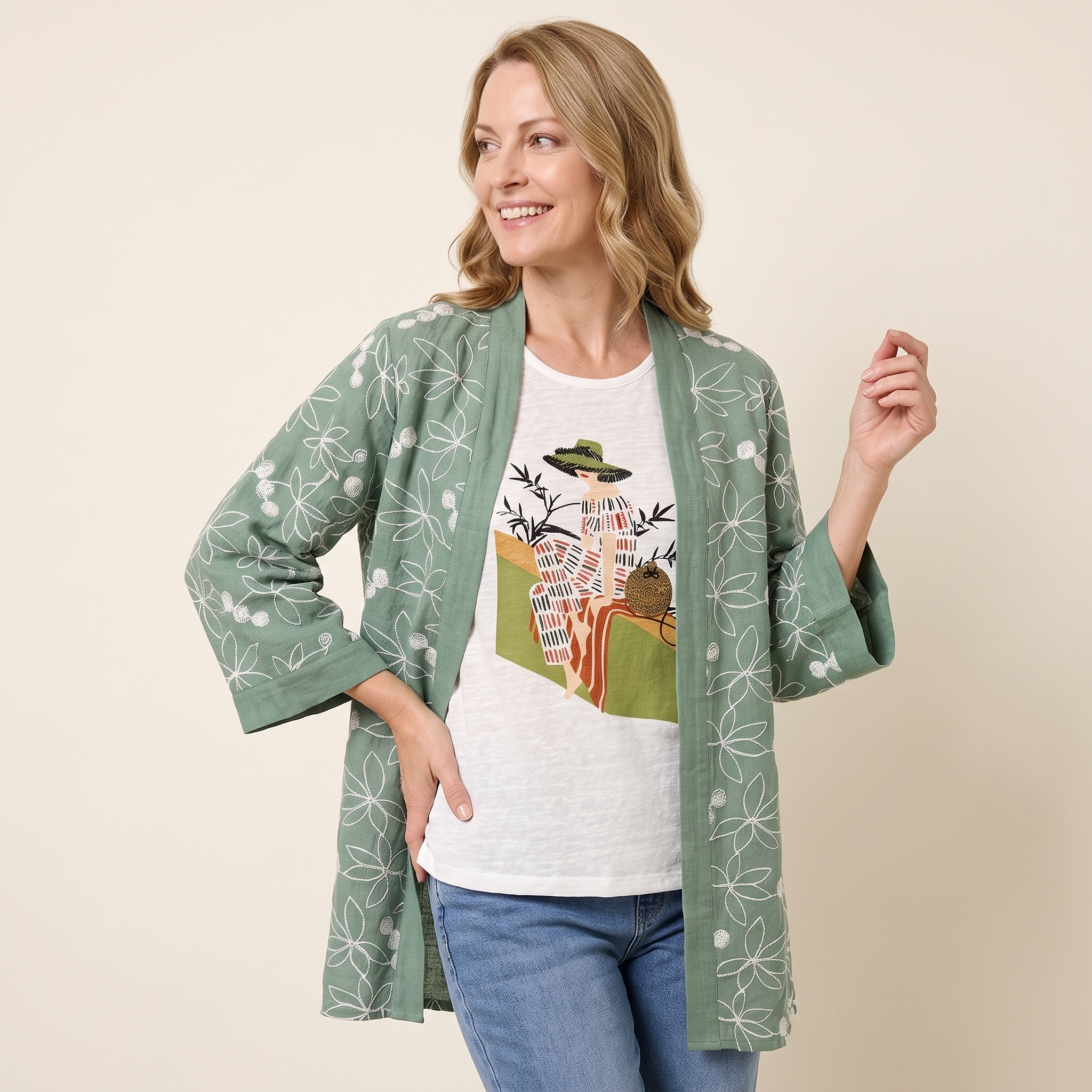 Sage Floral Embroidered Kimono