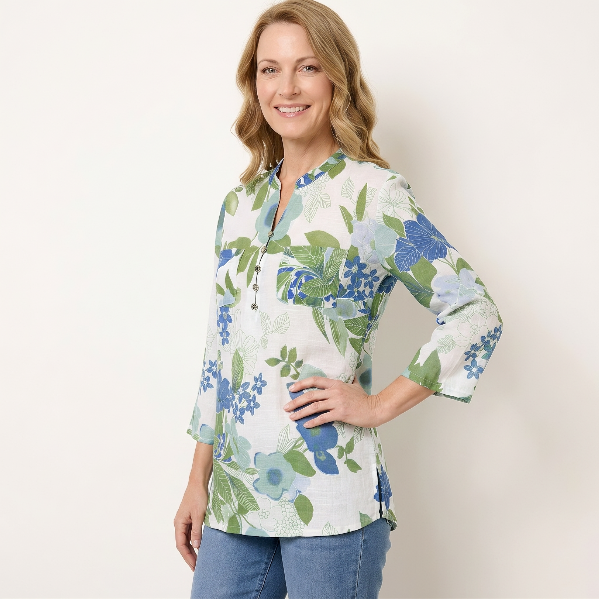 Blue Botanical Print Henley Tunic