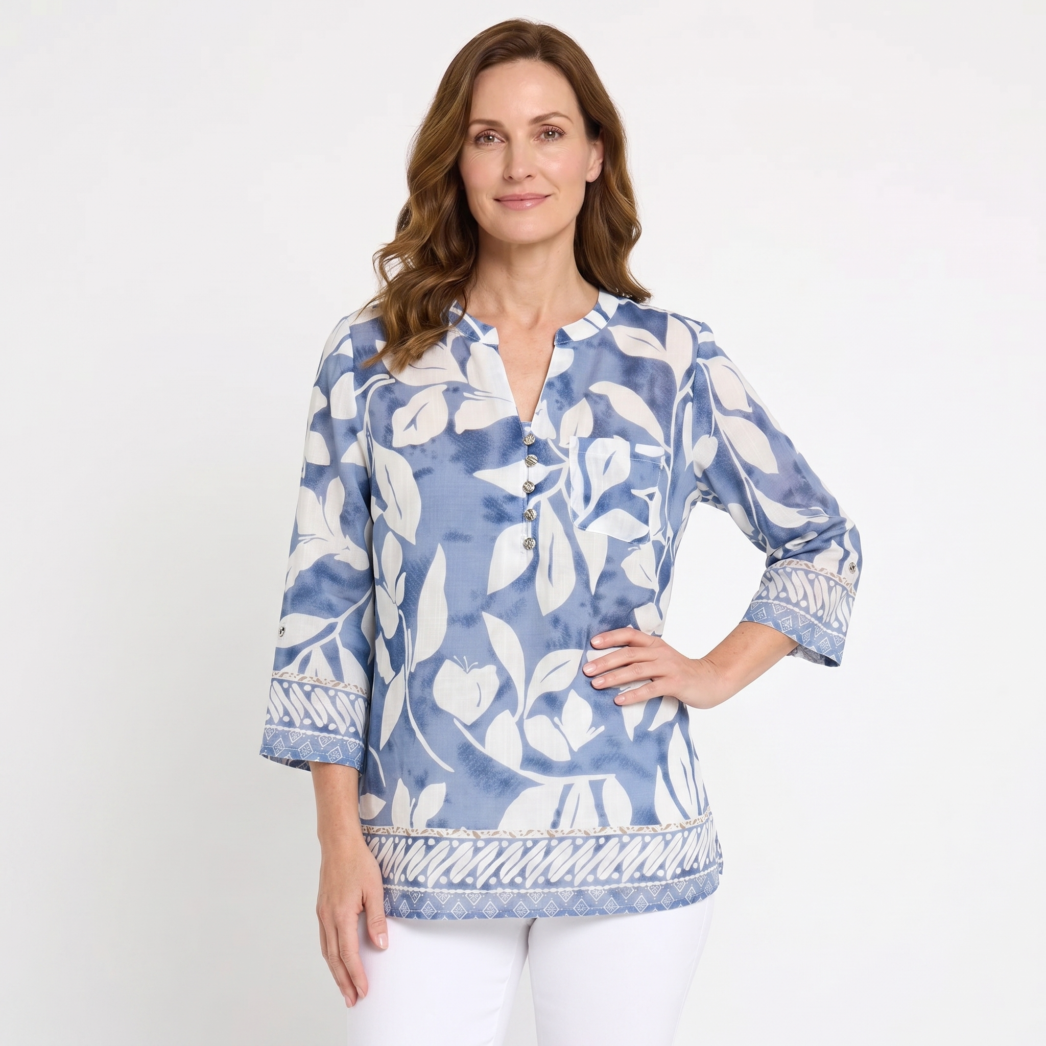 Blue Botanical Print Henley Blouse