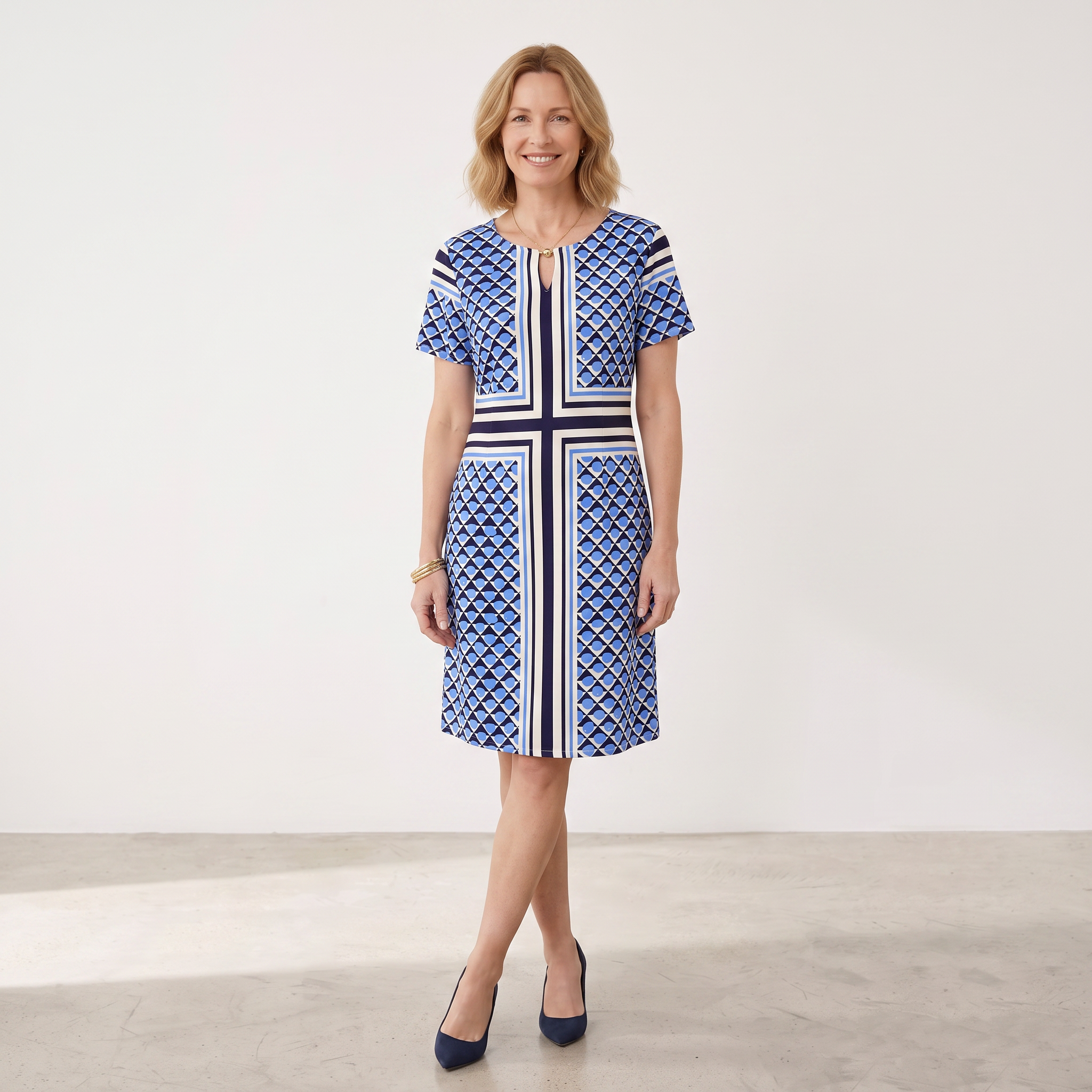 Blue Geometric Tile Dress