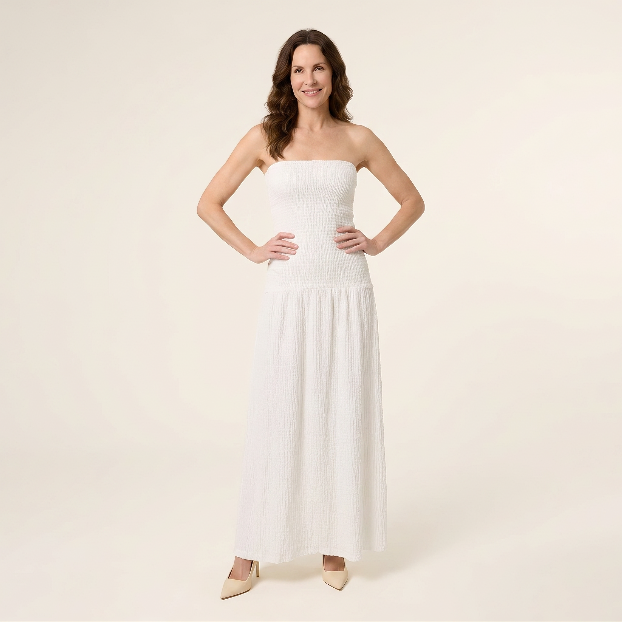 White Strapless Smocked Gown