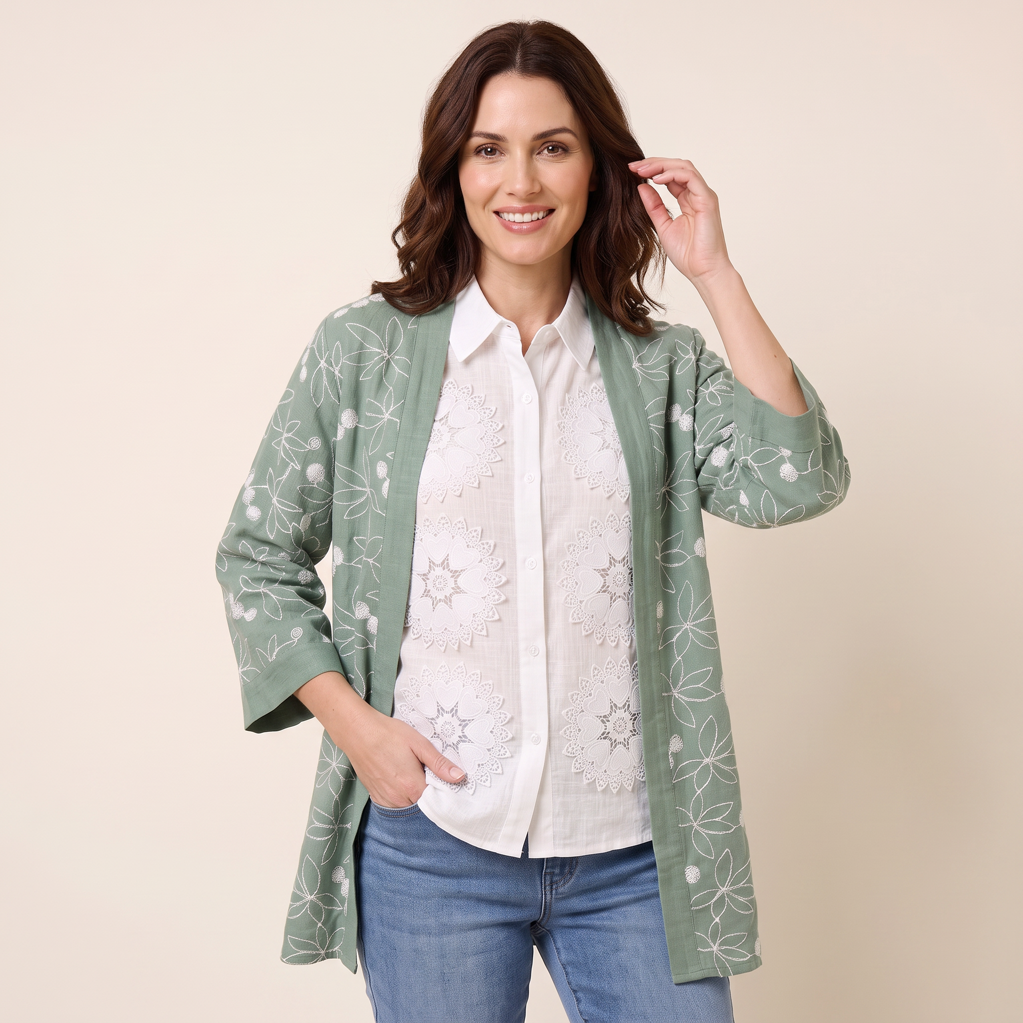 Sage Kimono with White Lace Shirt