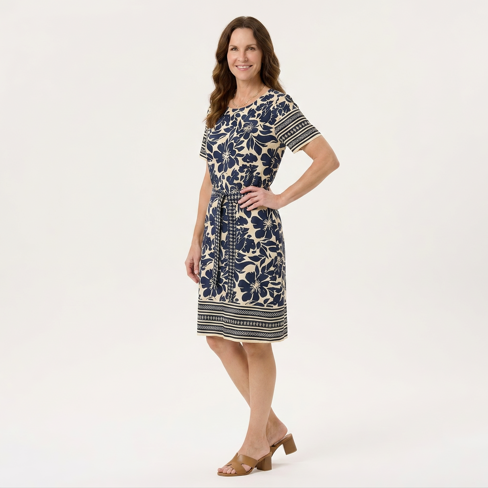 Navy Floral Belted Dress