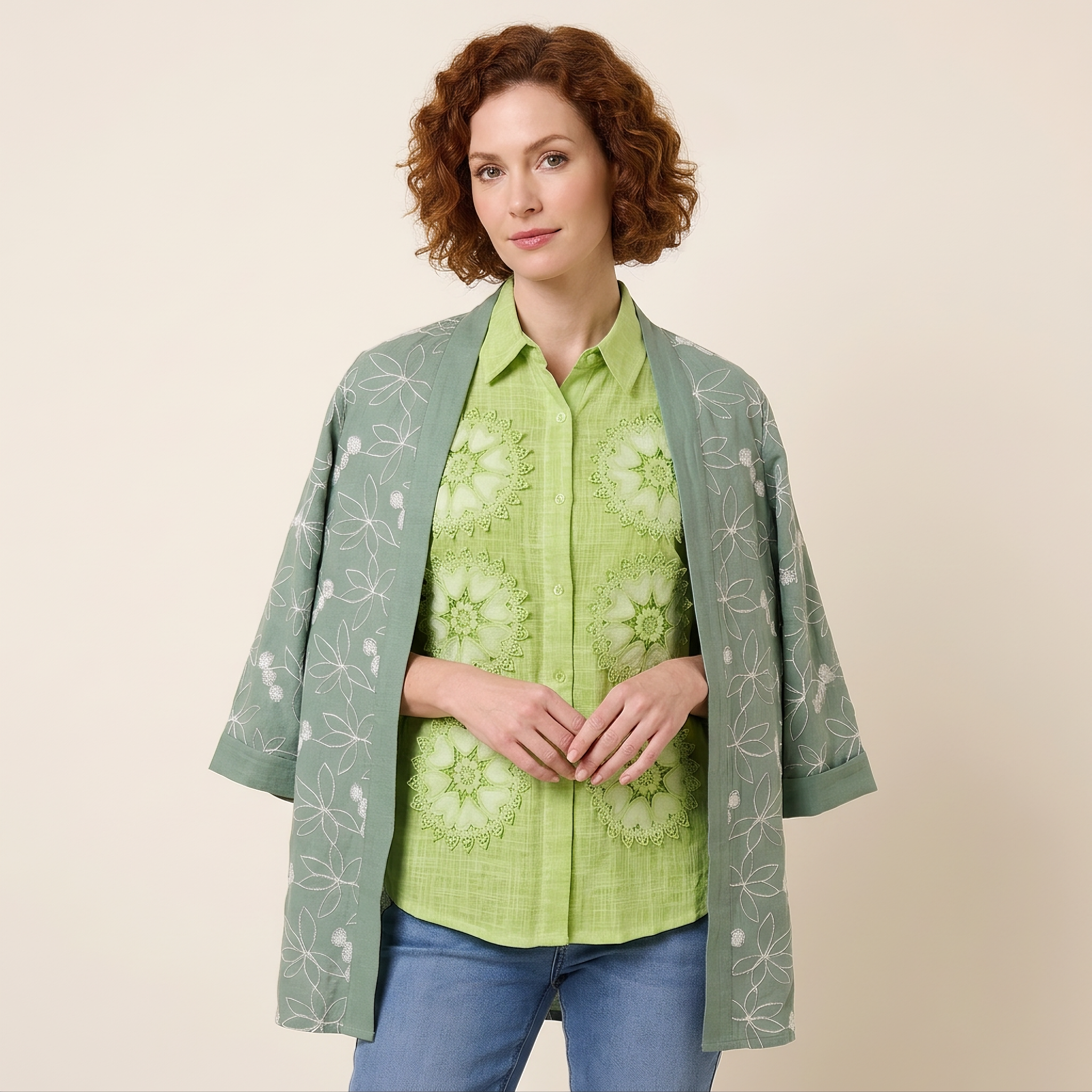 Sage Kimono with Green Shirt
