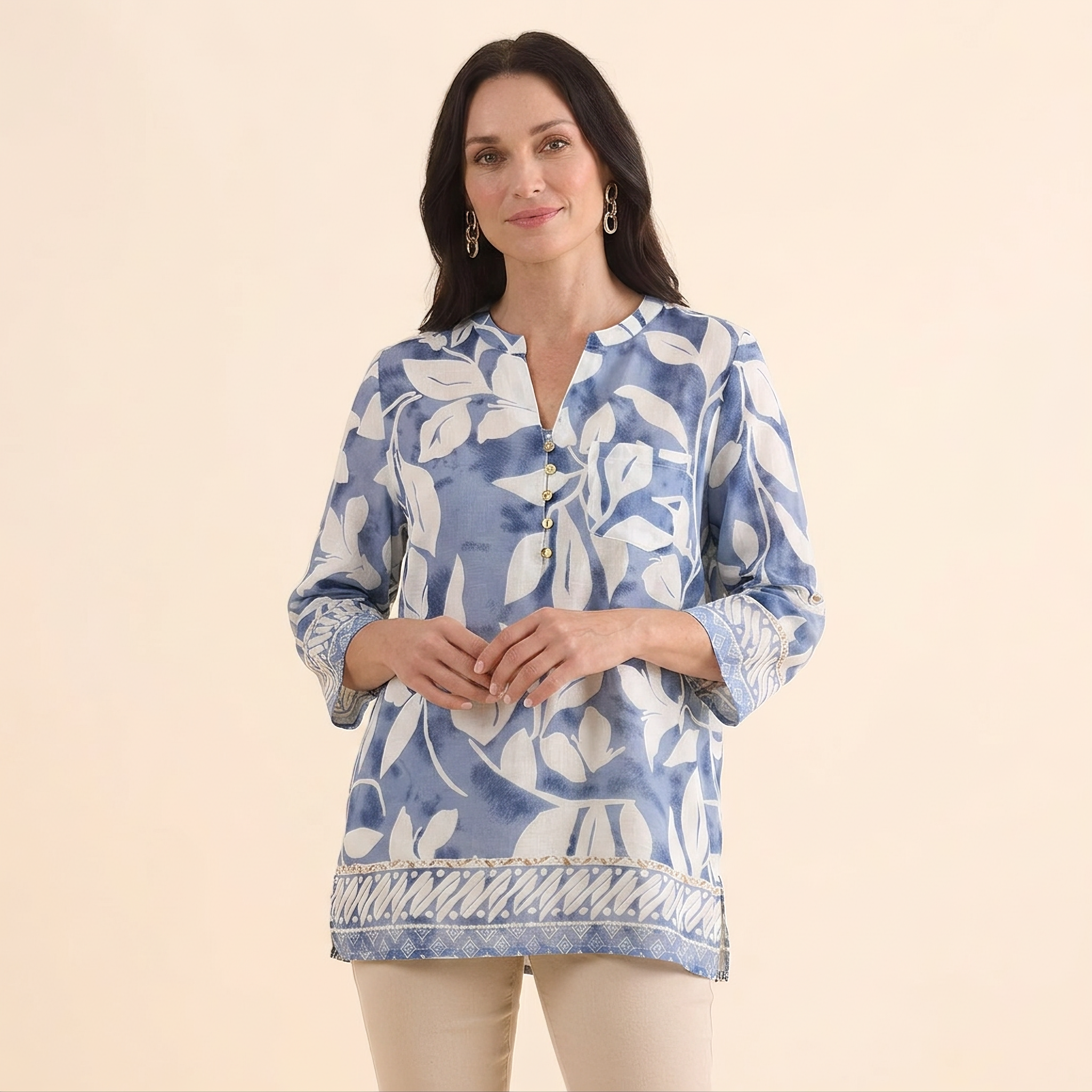 Blue Botanical Print Long Sleeve Tunic