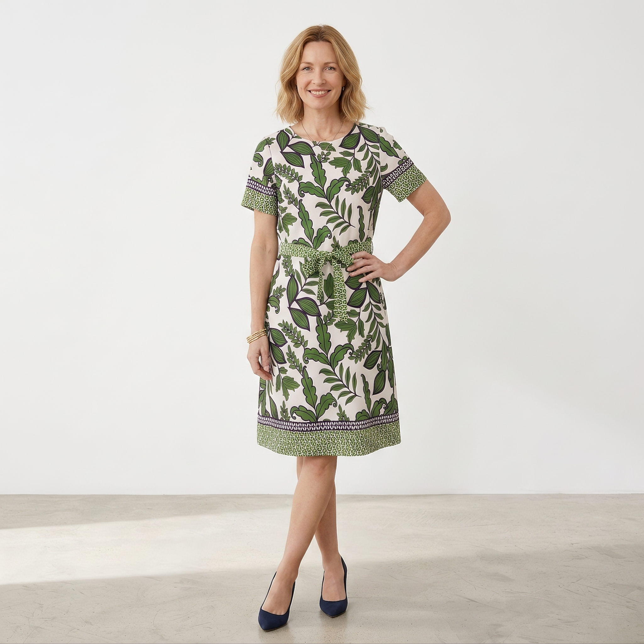 Leaf Print Belted Dress
