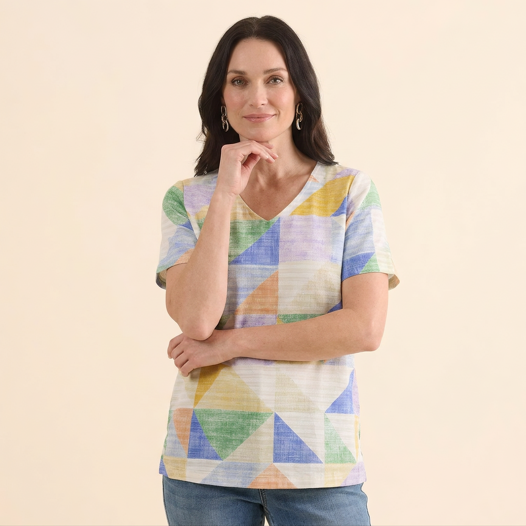 Colorful Geometric Print V-Neck Tee