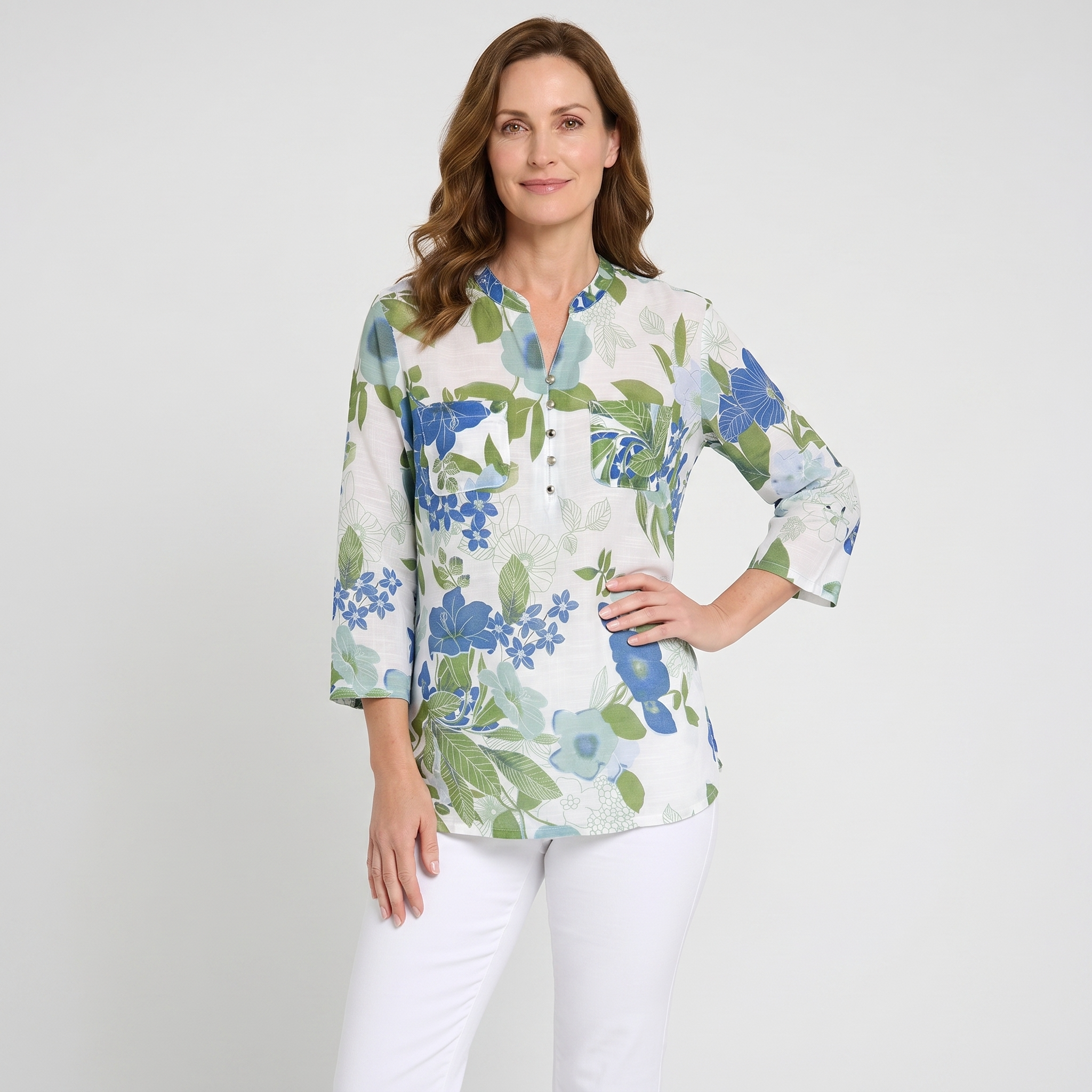 Green Floral Henley Tunic