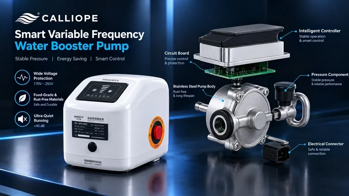 SPS-90 smart variable frequency water booster pump feature poster with component callouts and a stainless steel cutaway