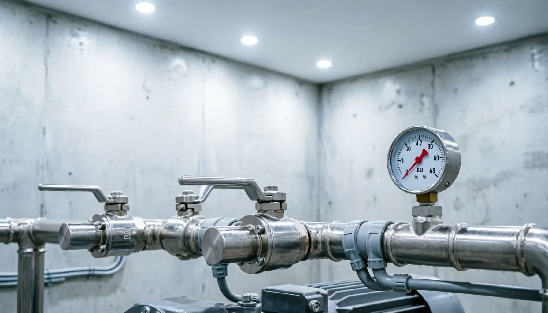 Booster pump set with a pressure gauge connected to a storage tank outlet