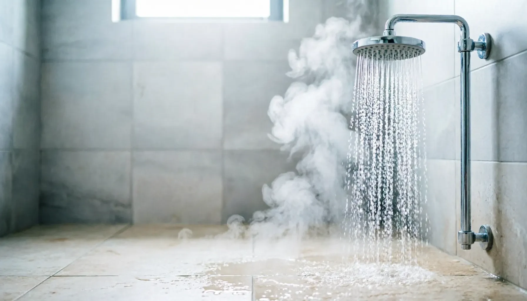 Water streaming from a chrome rain shower head in a bathroom