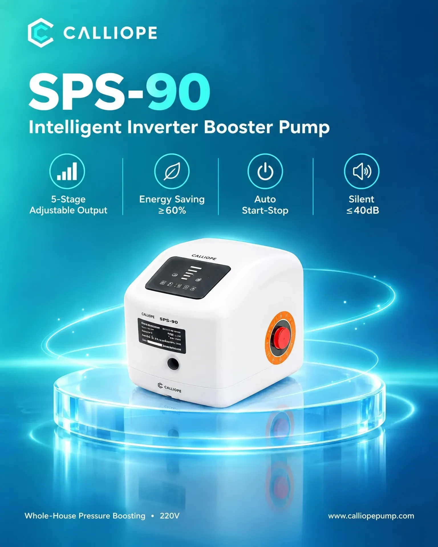 SPS-90 model sheet highlighting five-stage adjustable output, auto start-stop, silent operation and energy saving