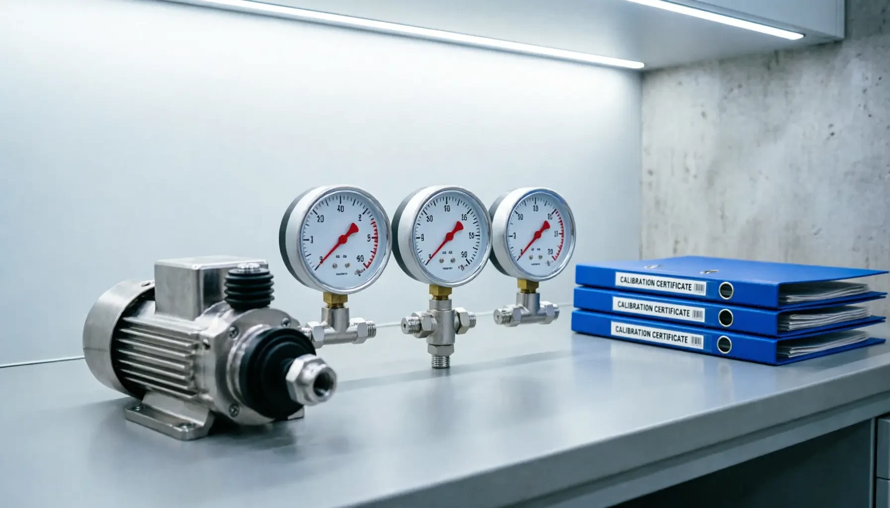 Compliance test bench with pressure gauges and calibration documents used for pump testing