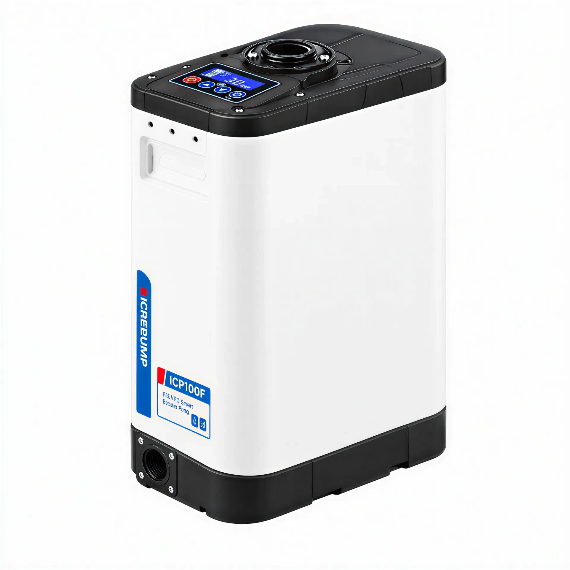 ICP100F PM VFD smart booster pump with white housing, display panel and stainless steel shaft on a white background