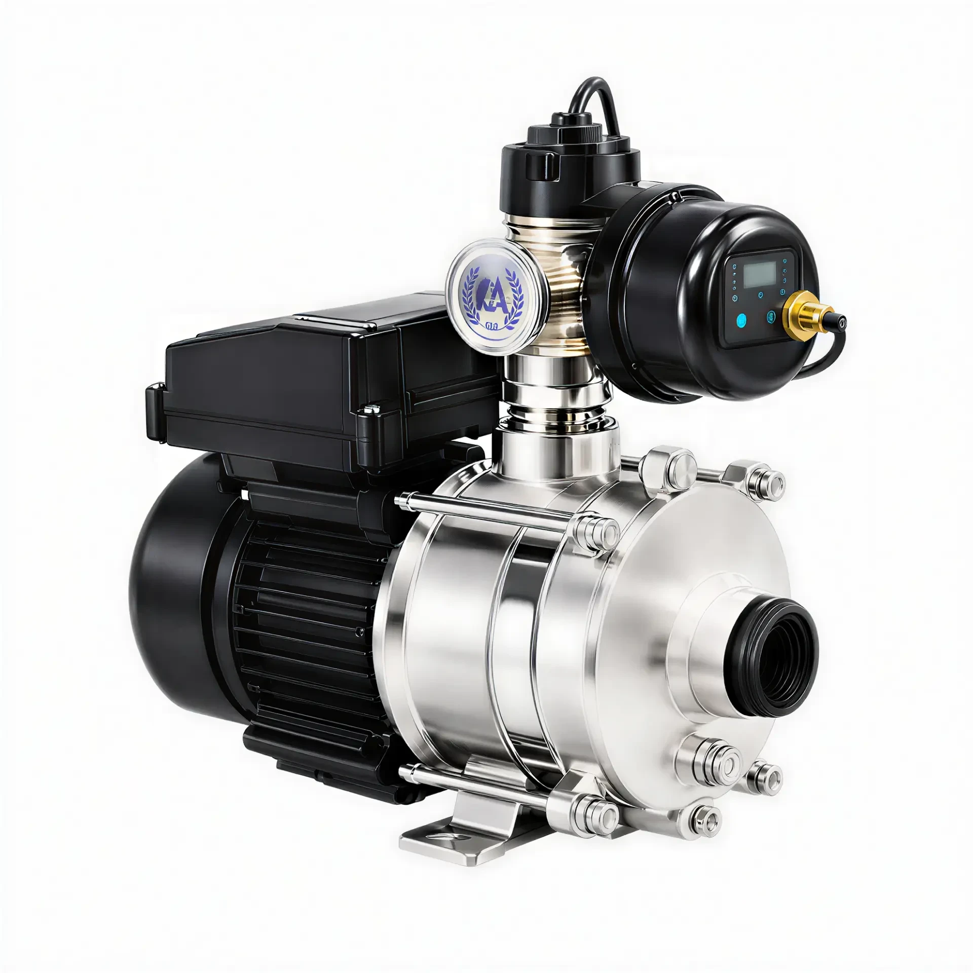 SCS90P-3 multistage stainless steel booster pump with brass valve and round controller on a white background