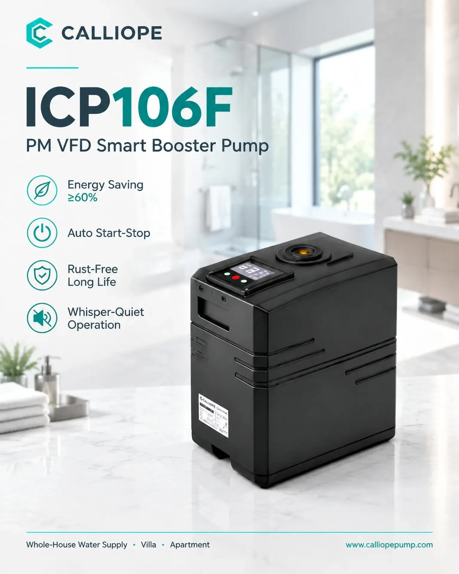 ICP106F PM VFD smart booster pump model sheet in a bathroom setting