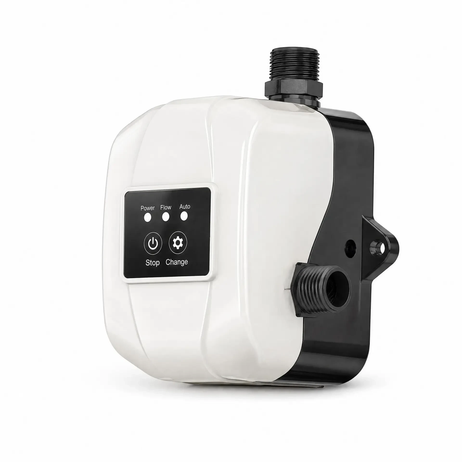 ISC2-200 smart booster pump with white housing and two button LED control panel on a white background