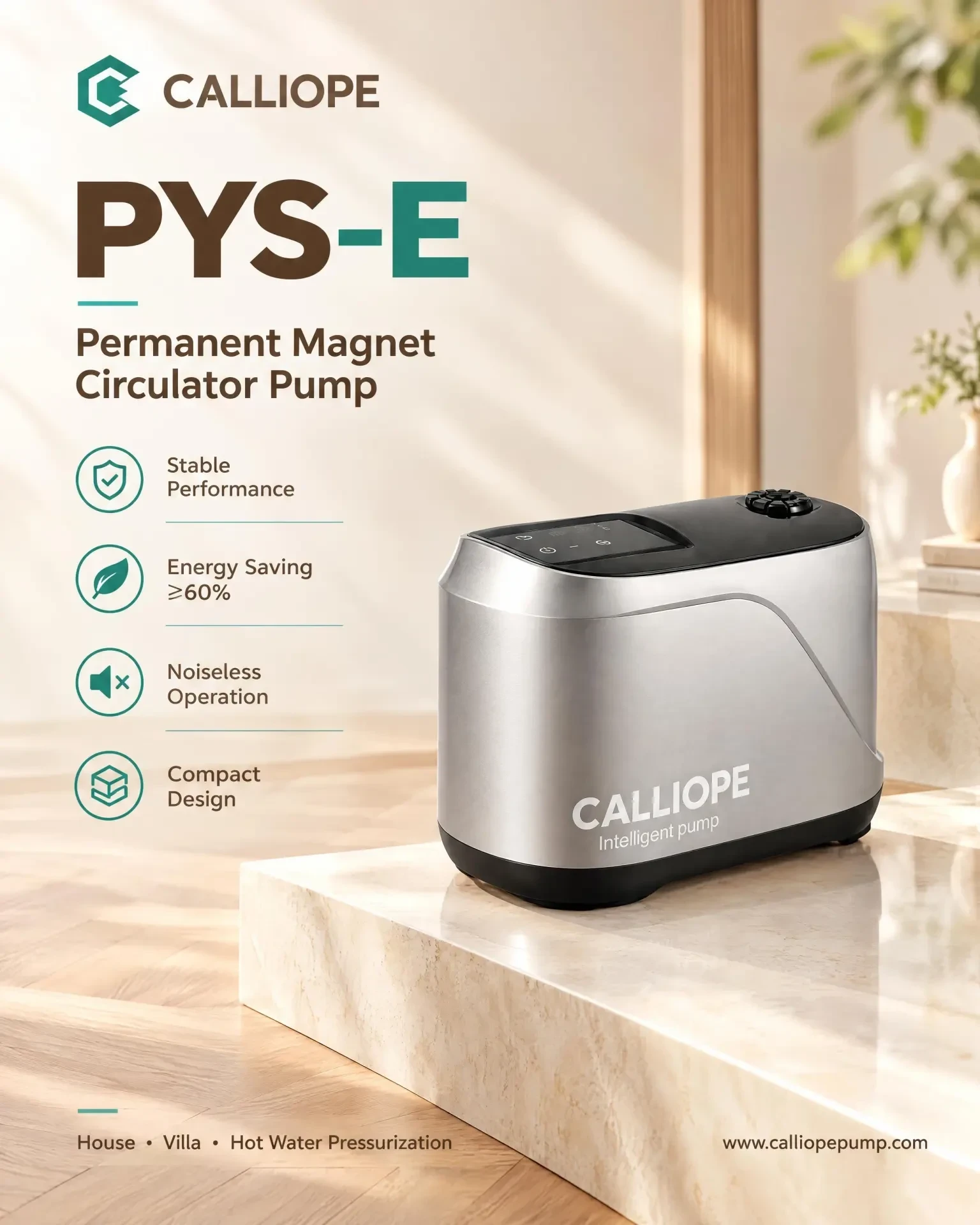 PYS-E permanent magnet booster pump shown in a house and villa water pressurisation scene
