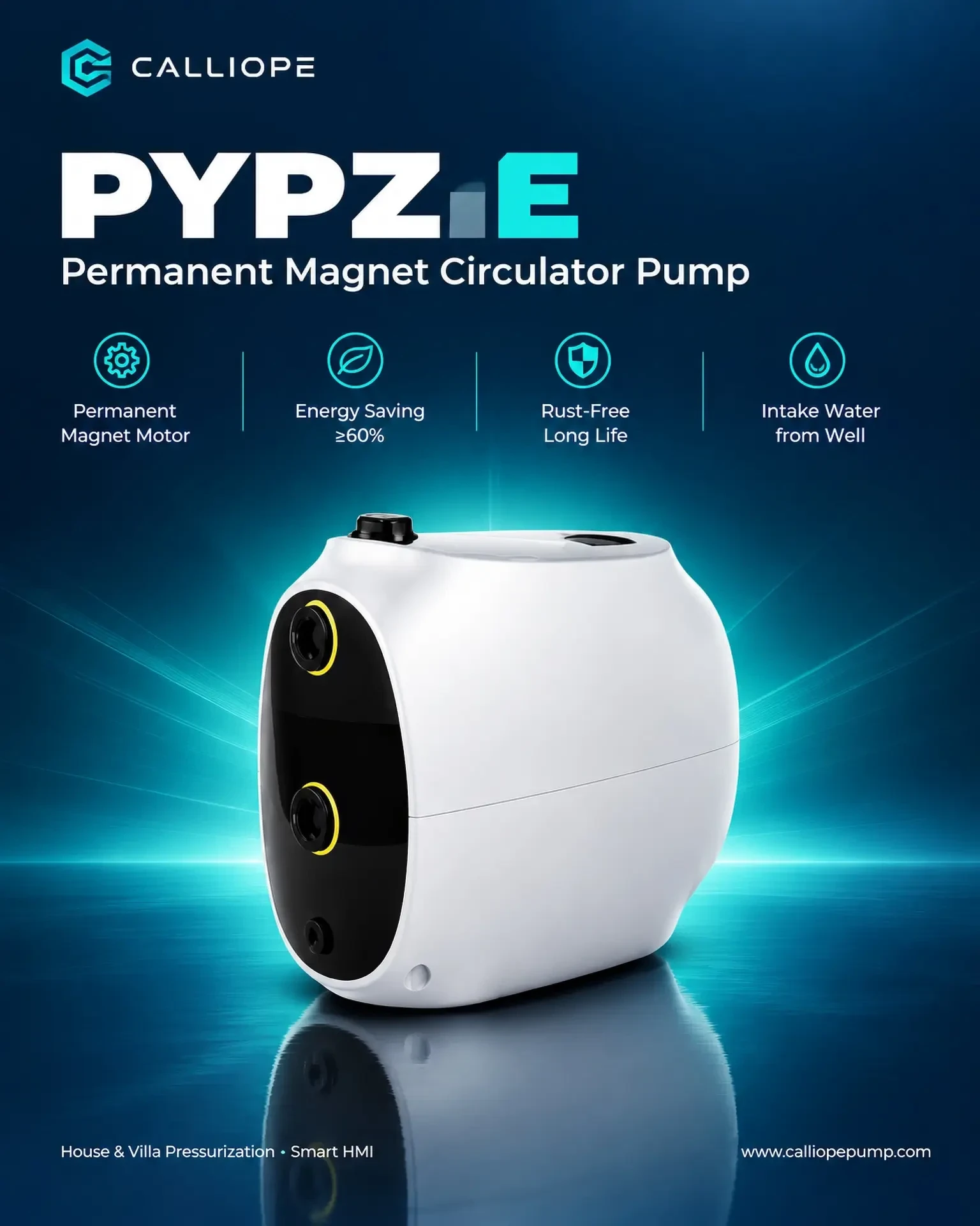 PYPZ-E permanent magnet booster pump model sheet on a dark blue background