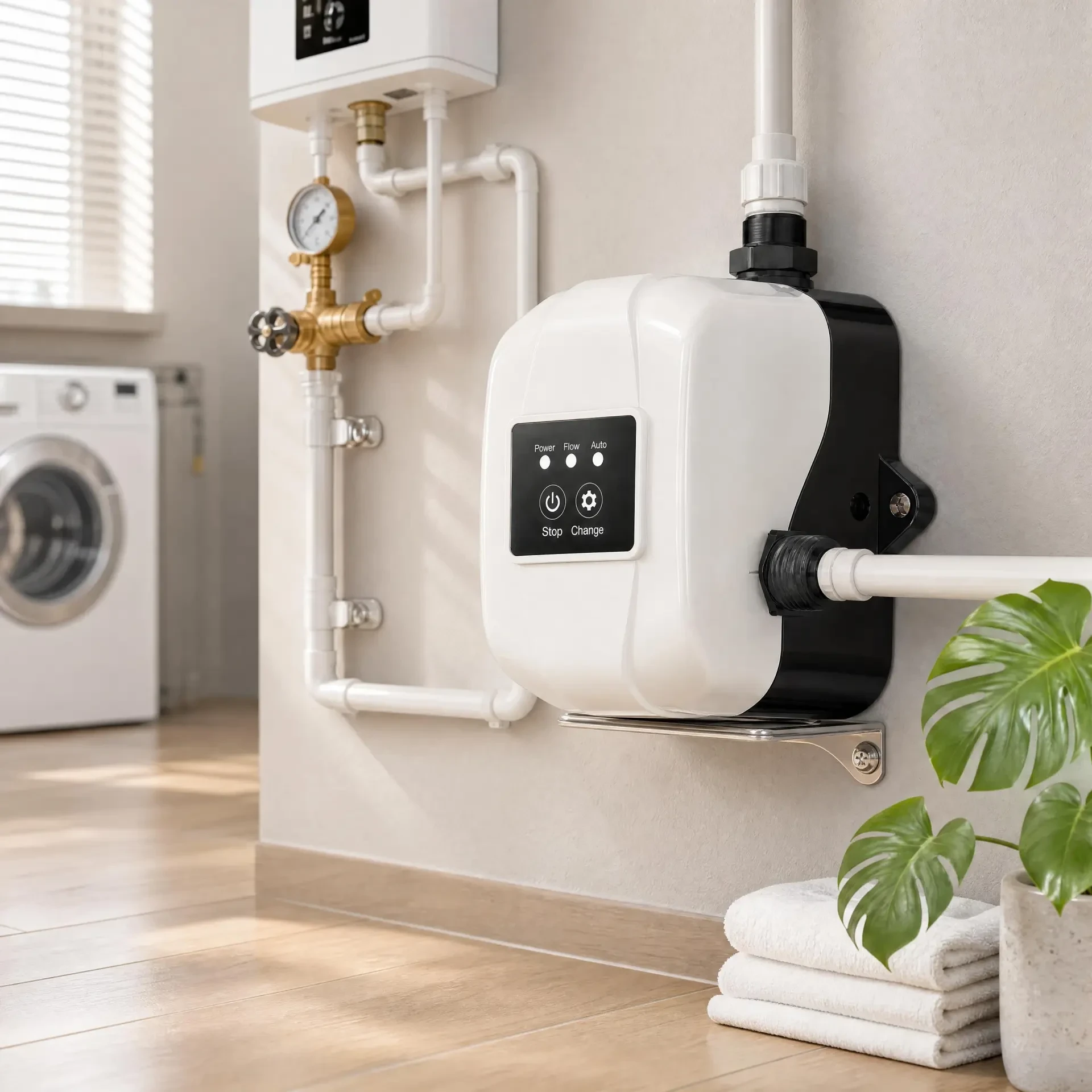 ISC2-200 smart booster pump mounted on a laundry room wall above the washing machine