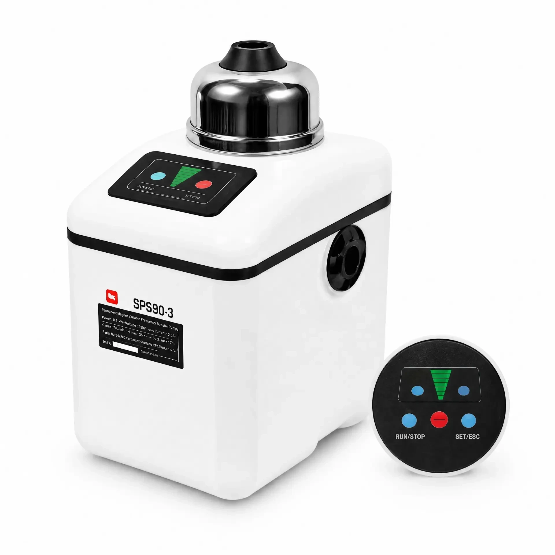SPS90-3 variable frequency booster pump with stainless steel housing, top mounted pressure vessel and RUN STOP control panel on a white background