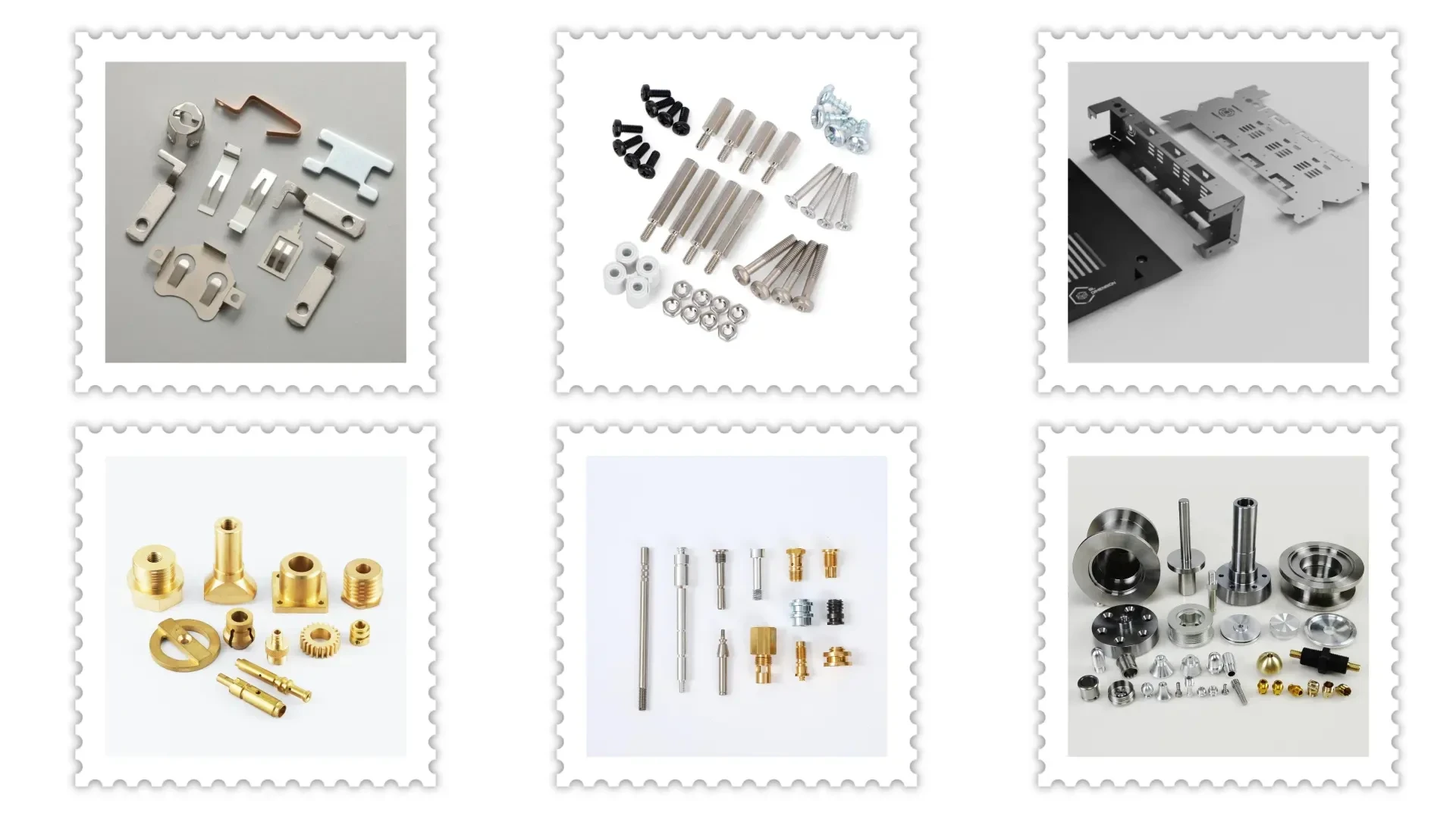 Six panels of custom metal parts: stamped contact brackets and clips, precision pins and standoffs, sheet metal brackets, brass machined fittings, turned shafts and machined rings, made in Dongguan, China