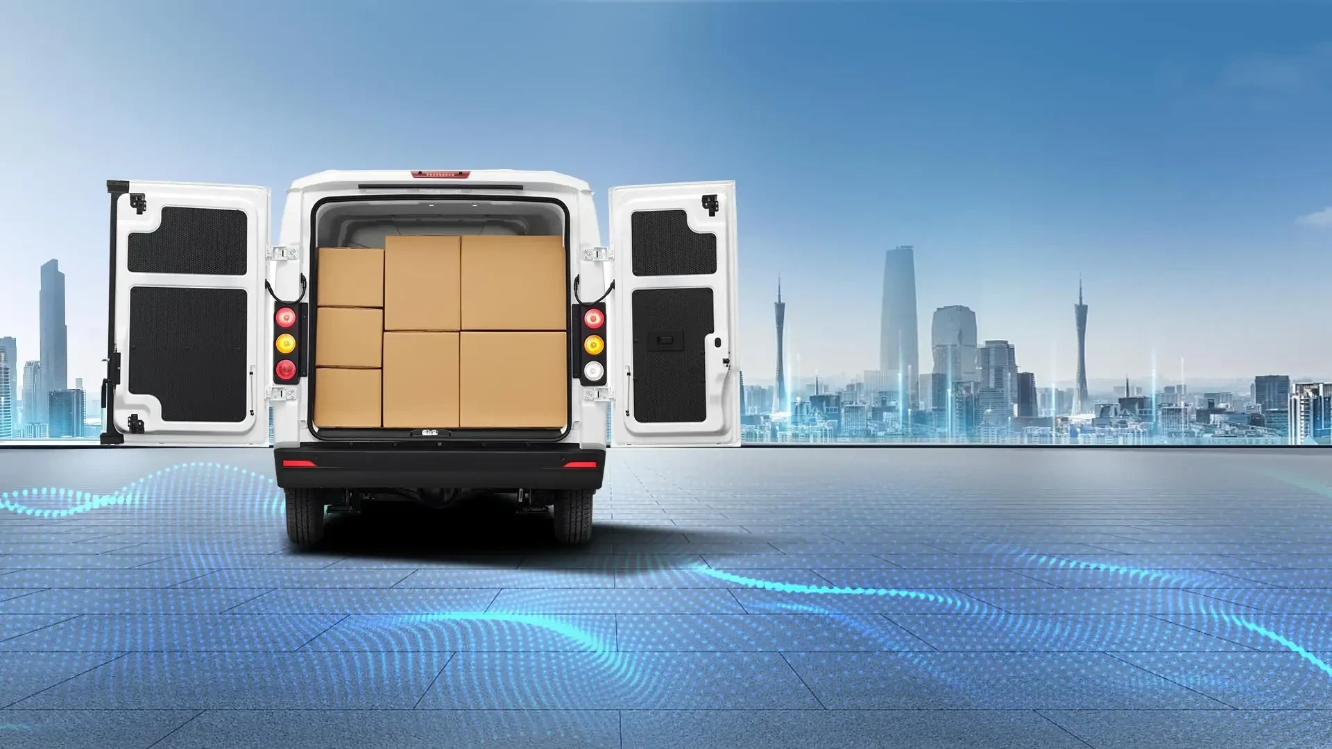 Remote Xingxiang V6E rear doors open showing loaded cargo space