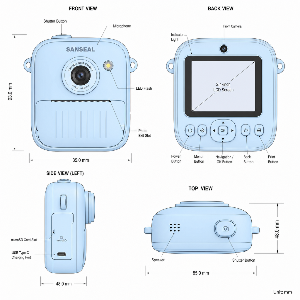 Child's Inkjet Instant Camera: Three-View Diagram