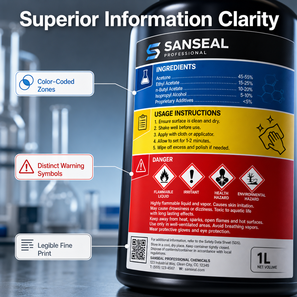 Color-coded labels display warning signs and ingredient information.