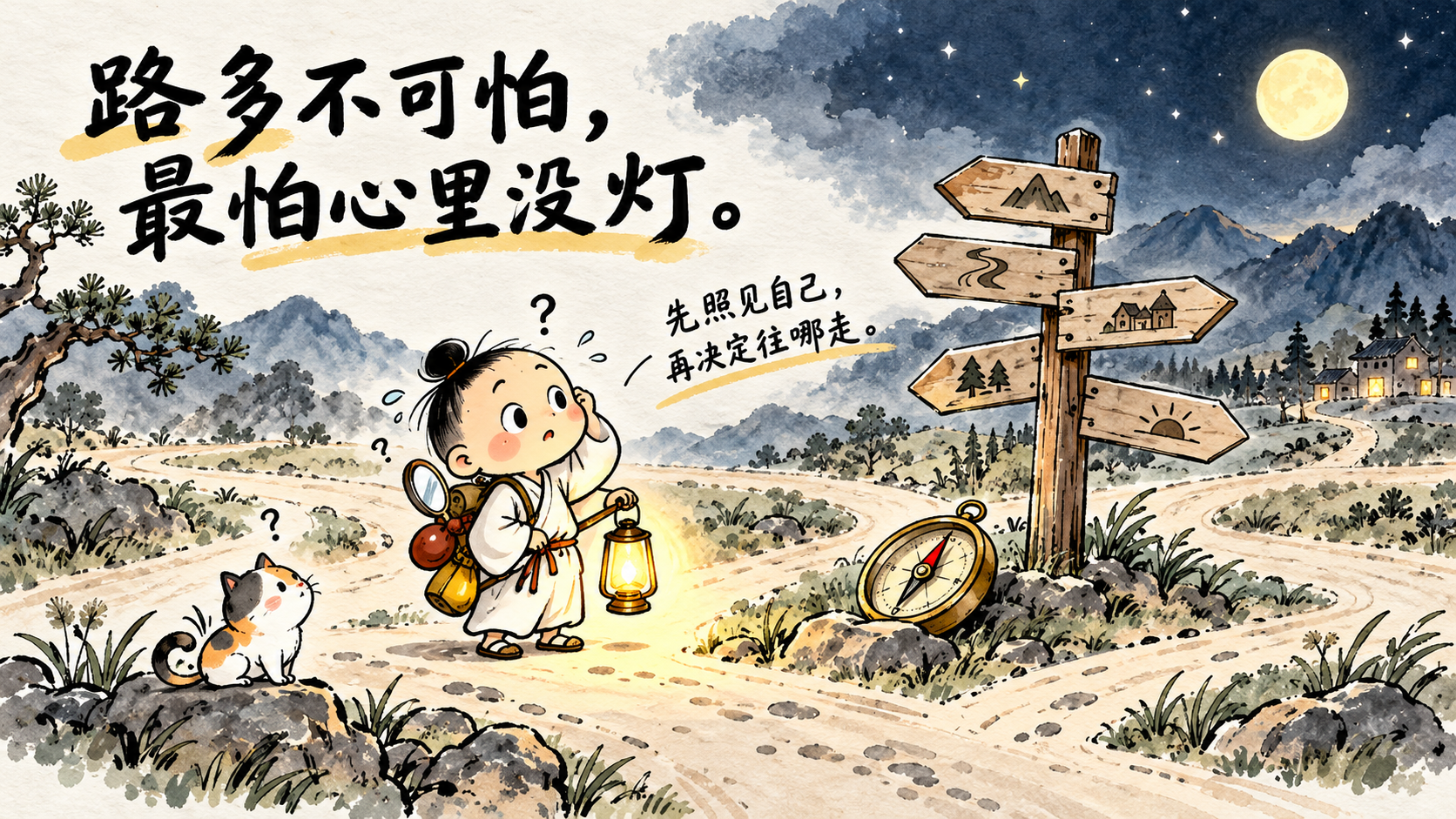 Illustration of a lantern at a crossroads: a night scene featuring a direction sign and a small pathfinder holding a lantern, symbolizing life's pivotal choices.