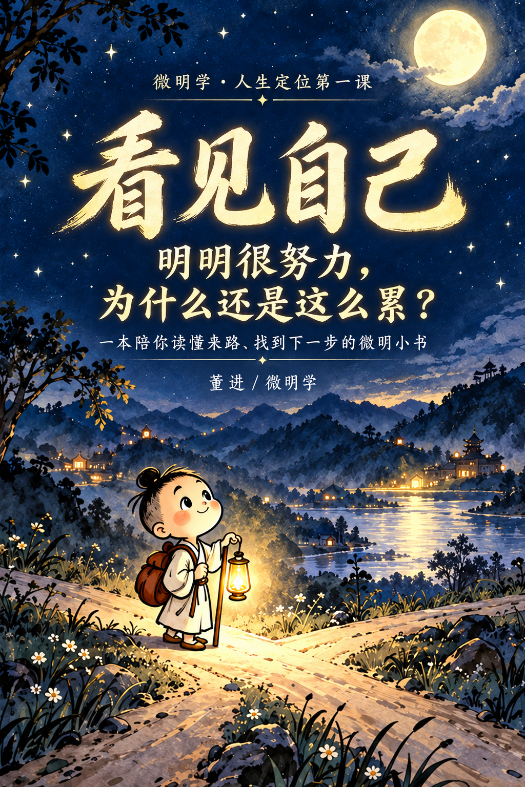 Book cover for "Seeing Yourself": A young monk carrying a lantern walks along a path at night, marking the first lesson of Weiming's journey to find one's life purpose.