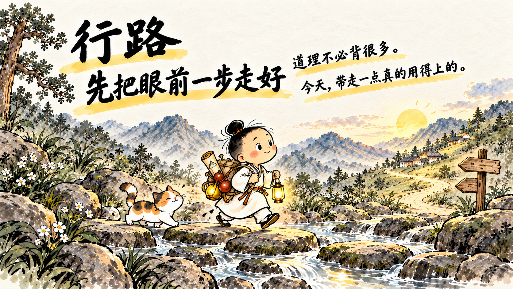 行路插画：夜色山路上的提灯小道童，配文「行路，先把眼前一步走好」