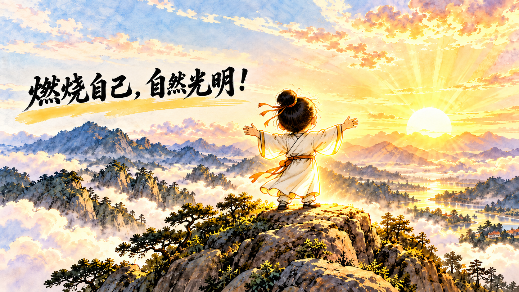 Mountain Sunrise Illustration: A lantern-bearer stands atop a ridge as dawn breaks, symbolizing the light within and guiding one's life.