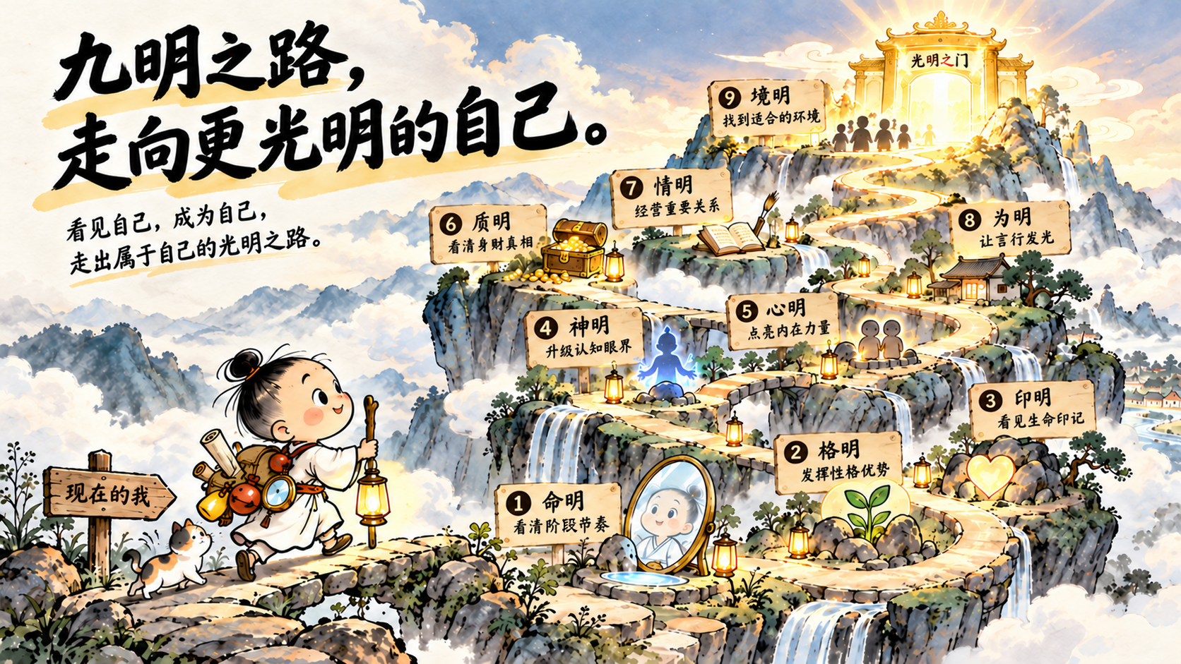 九明之路示意图：九盏灯沿山路次第点亮，通往光明之门