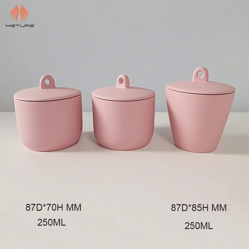 Empty 8 oz Matte Pink Rounded Ceramic Candle Cup with Ceramic Lid