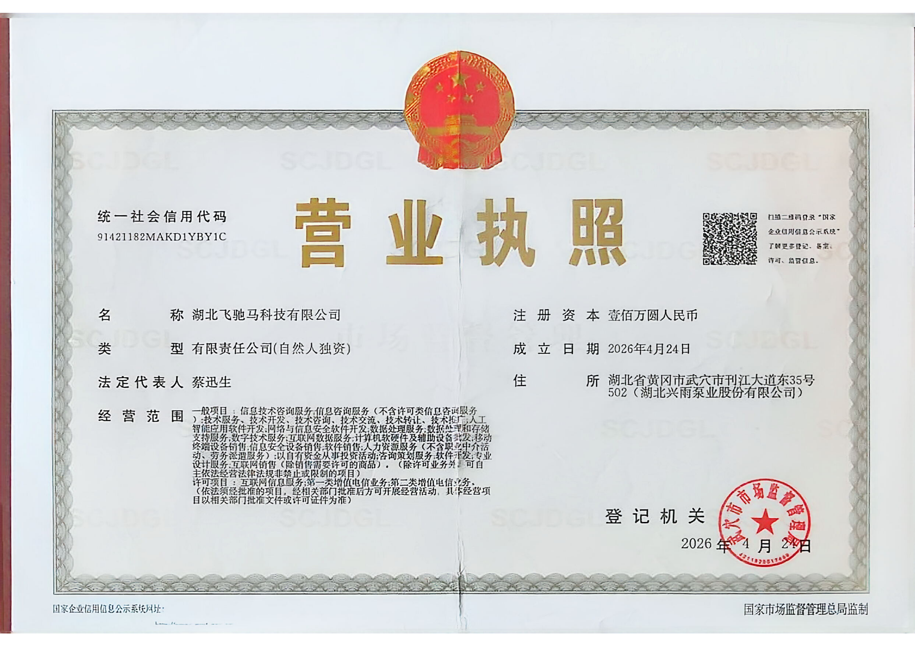 湖北飞驰马科技有限公司营业执照