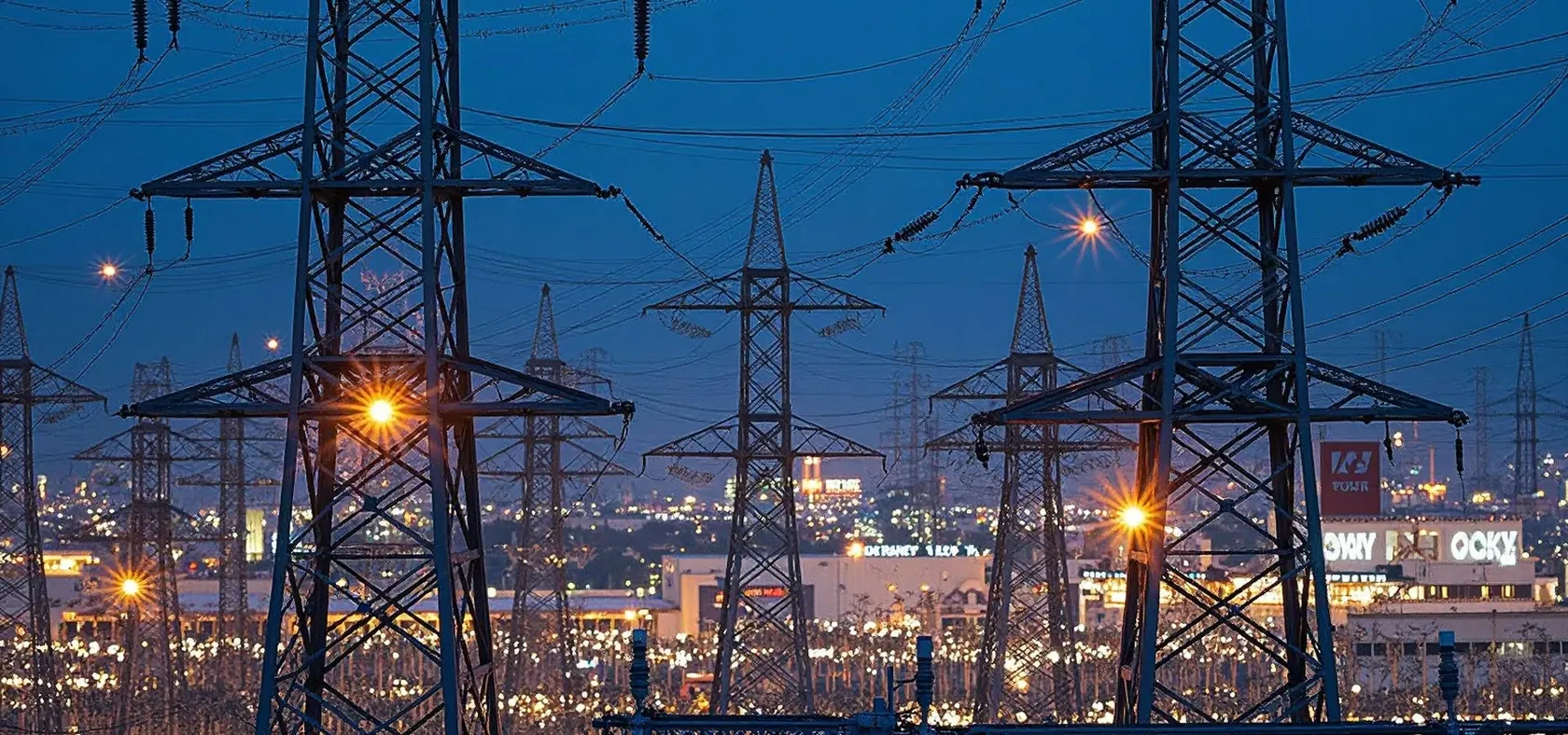City skyline and power lines at dusk