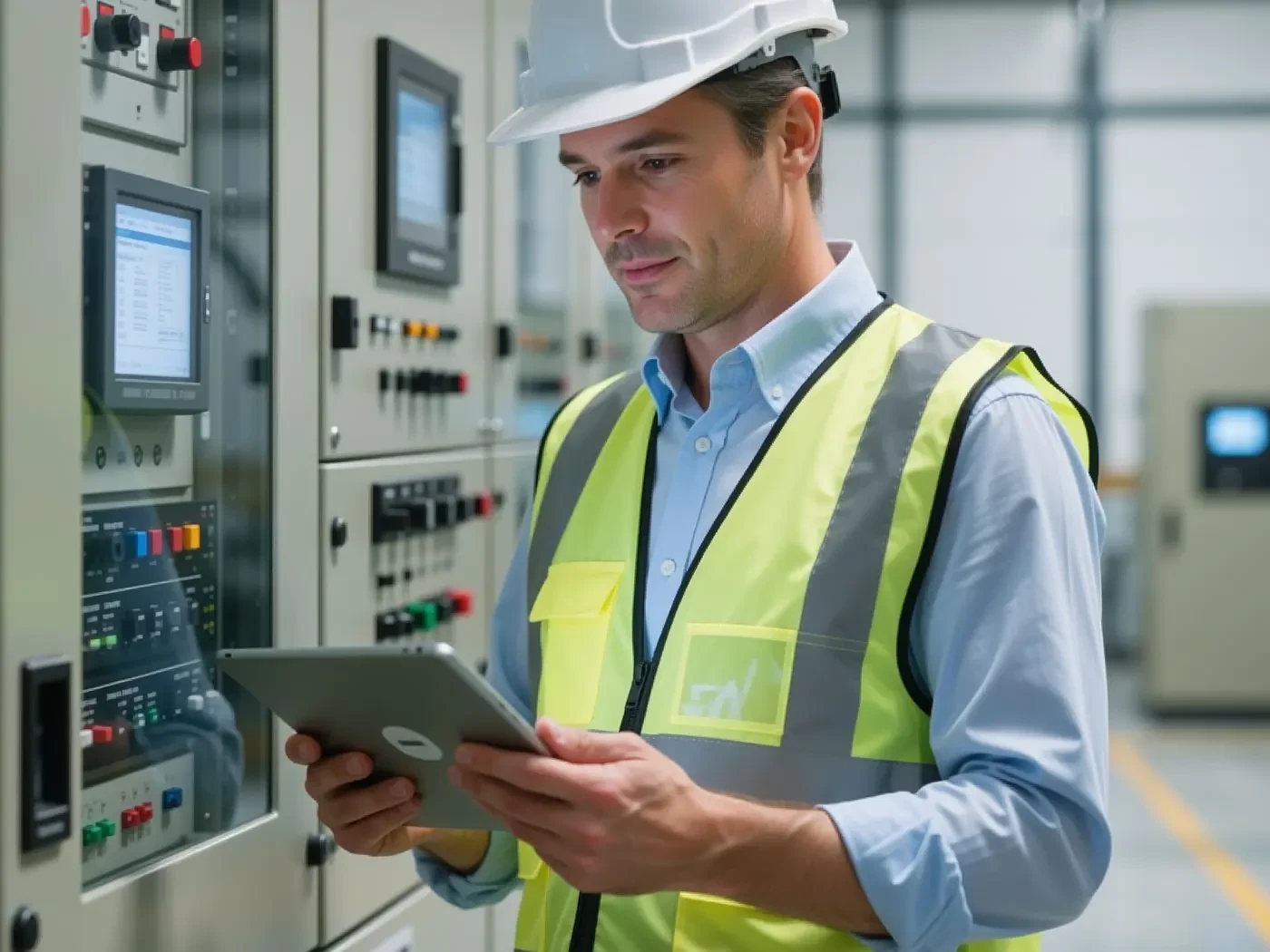 Engineer verifies equipment against the plan at the substation site using a tablet.