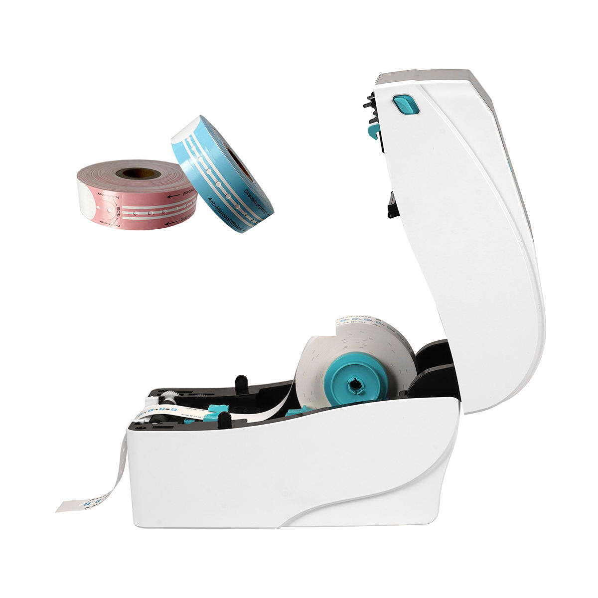 Thermal wristband printer with pink and blue patient identification wristband rolls for hospital use