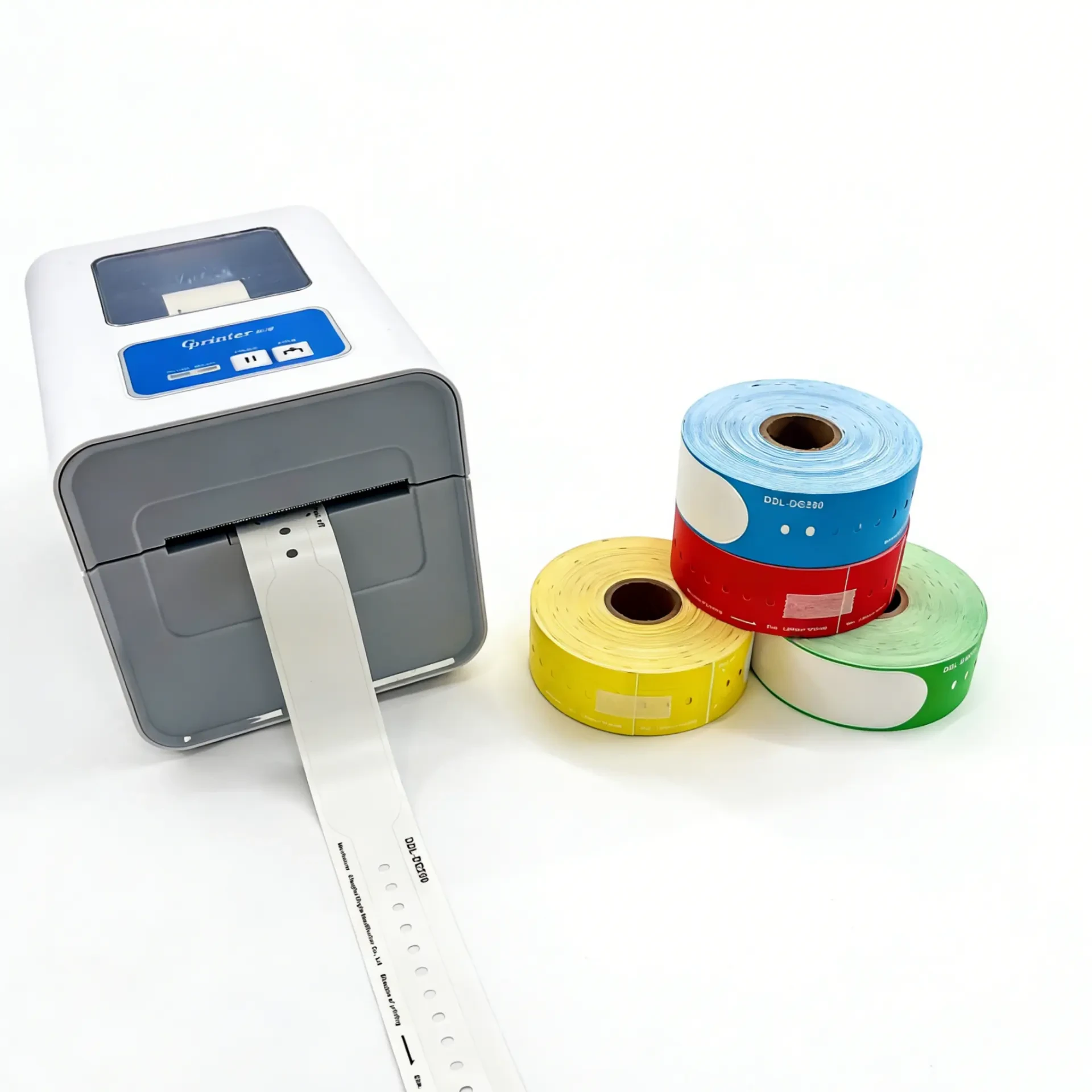 Thermal wristband printer with blue, red, yellow and green rolls and a printed white band