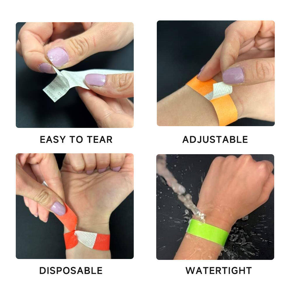 Four-panel demonstration showing easy-to-tear adjustable disposable watertight wristband features with hands applying orange and green bands