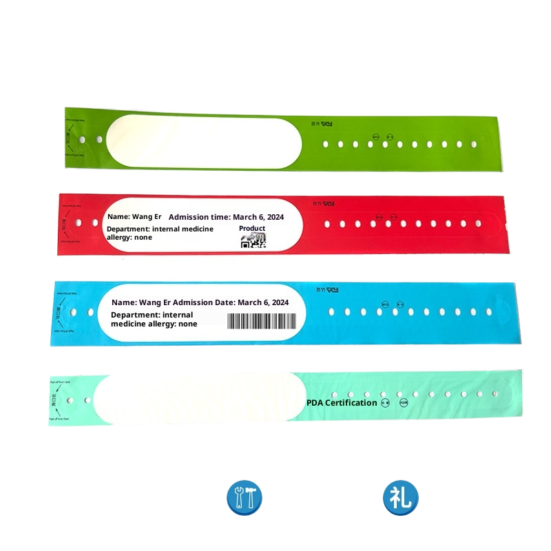 Color-coded thermal printed hospital wristbands in green, red, blue, and mint with printed patient name, department, barcode, and QR code